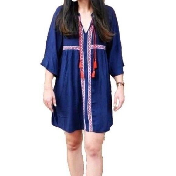Old Navy Blue Red Embroidered Tassel Boho Cropped Sleeve Shift Dress XS - Picture 1 of 11